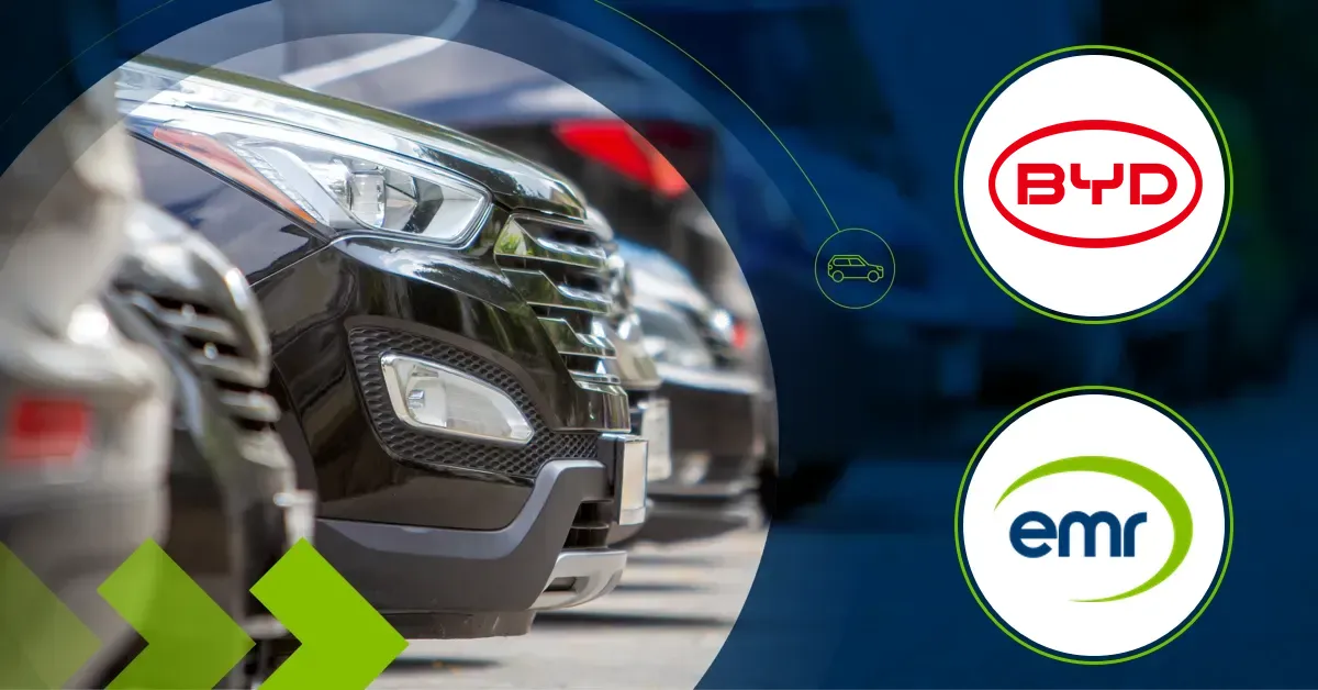 Left side: A row of cars, with the first one in focus. Right side: BYD and EMR logos.