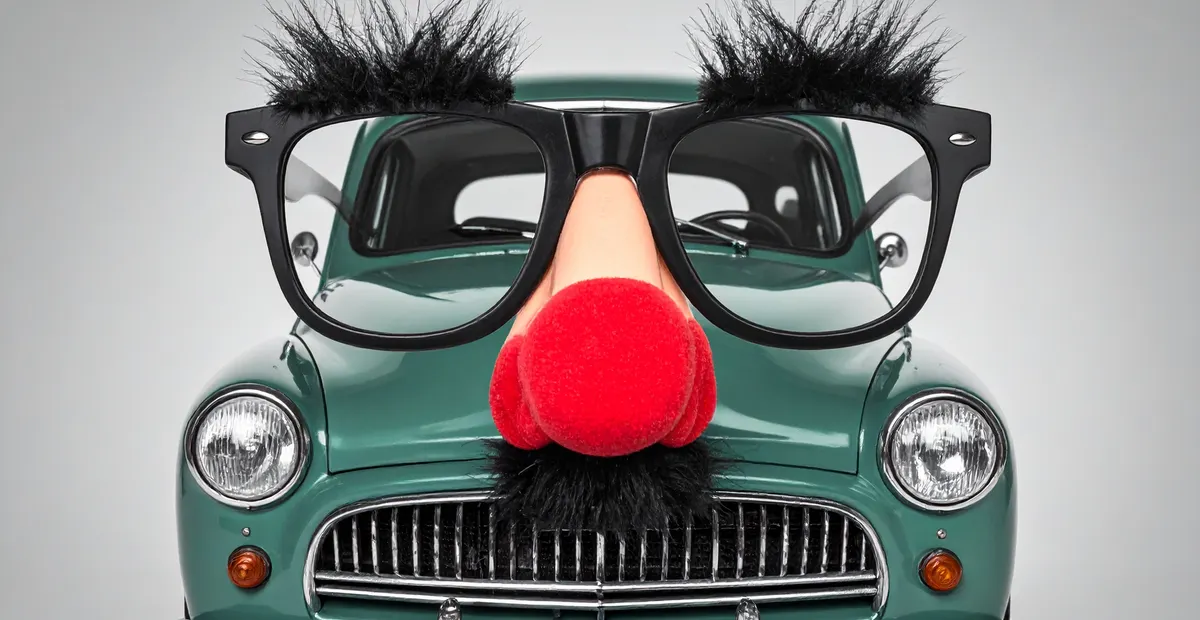 AI image of a car wearing a false nose and moustache disguise.